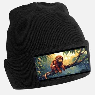 Unisex Cotton Monkey Pixel Art Print Black Beanie Hat