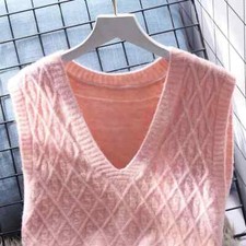 Women V Neck Knitted Waistcoat Gilet Sleeveless Cropped Sweater Jumper Vest Cute