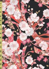 Naka - Beautiful Floral Noshi Ribbons & Blossoms - N-1100-1A-Black -By Half Yard