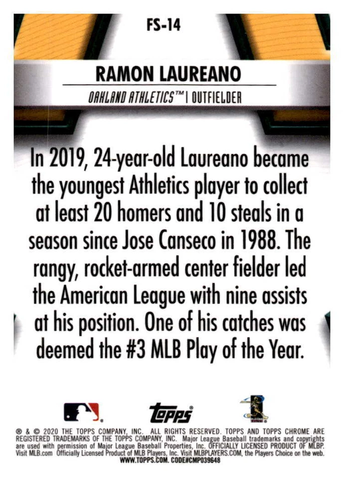 2020 Topps Chrome Future Stars Autographs Ramon Laureano AU, SN99 FSA-RL - Image 2 of 2