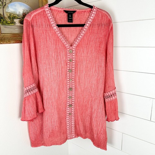 Ali Miles Crinkle Woven V-Neck Faux Button 3/4 Flounce Sleeve Blouse Size XL - Picture 5 of 10