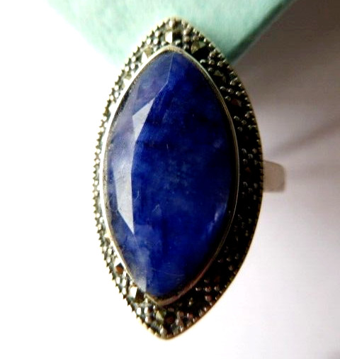 Bague en béryl saphir marquise 27x16 et anneau réglable en argent massif