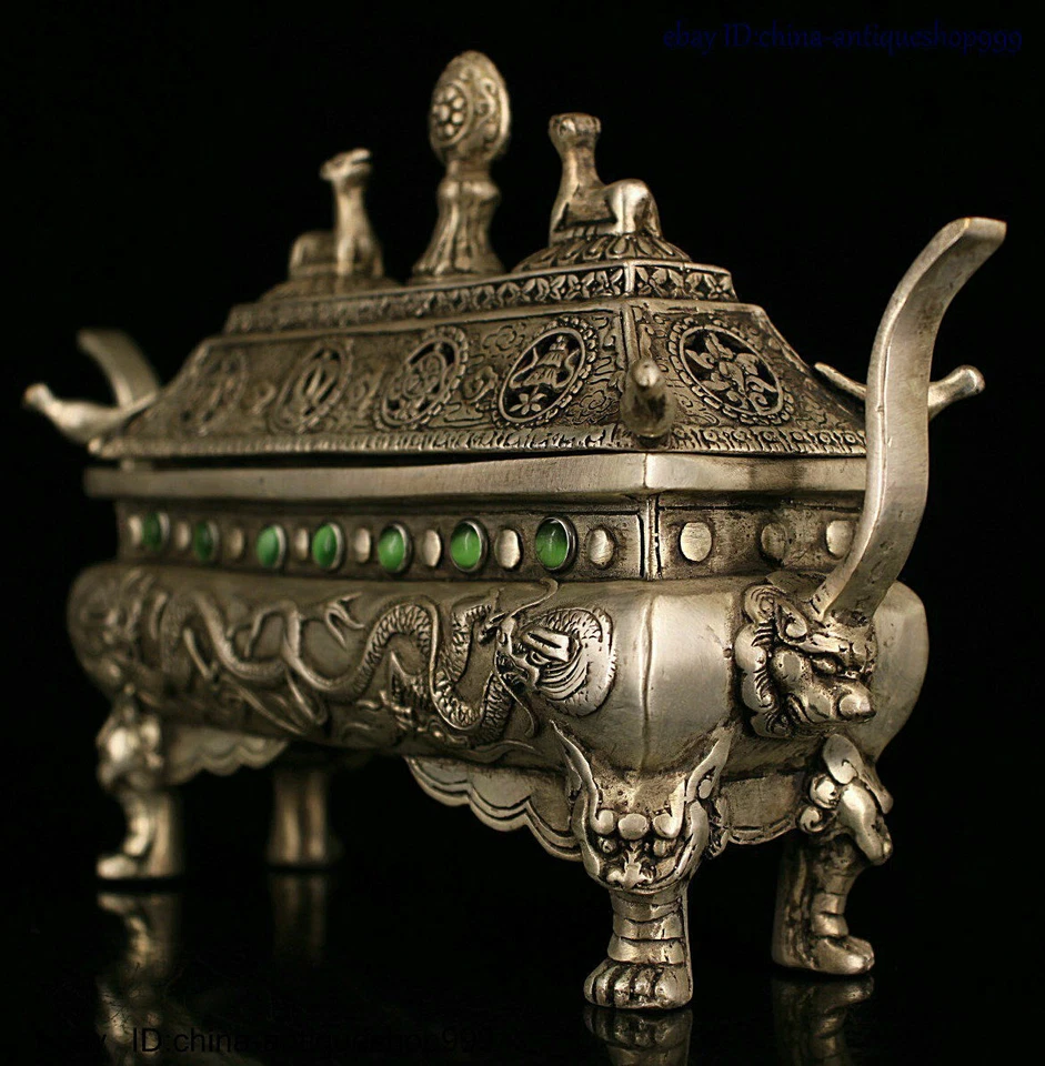 Budismo tibetano incrustación de plata gema 8 auspicioso dragón ciervo quemador de incienso incensario Foto 2 de 4