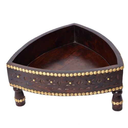 Wooden Chakki Table Hand Carved Grinder Table Brass Fitted Table Coffee Table - Picture 3 of 5