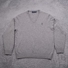 Polo Ralph Lauren Sweater Mens Large Gray V-Neck 100 Wool Green Pony