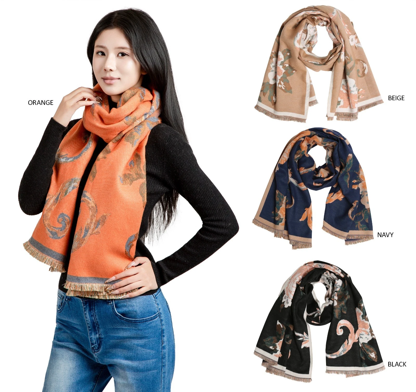 ComfyLuxe Floral Pattern Oblong Scarf w/ Short Trim