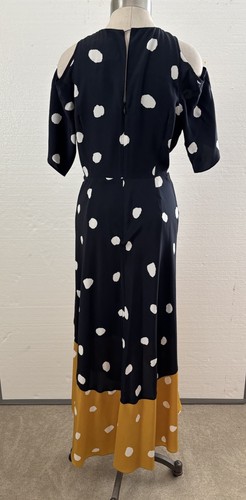 L.K. Bennett Dr. Leia Seide gepunktet Kleid Cold Shoulder hoher niedriger Saum marineblau gold 8 - Bild 9 von 14