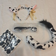 4Pcs Cow Costume Set Ears Headband Neckband Tail Halloween Cosplay Farm Animal