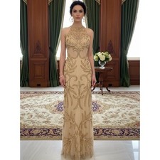 Elegant High-Neck hand Beaded Evening Dress in Champagne gold