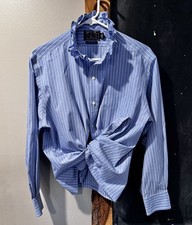 Upcycled Women’s Blue Striped Button Down Cropped Shirt Preppy Top Size M/L