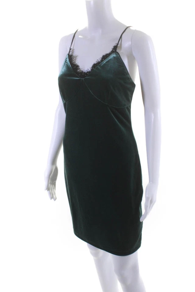 Vestido recto sin mangas de encaje verde terciopelo con cuello en V talla 2 Cynthia Steffe para mujer Foto 2 de 4