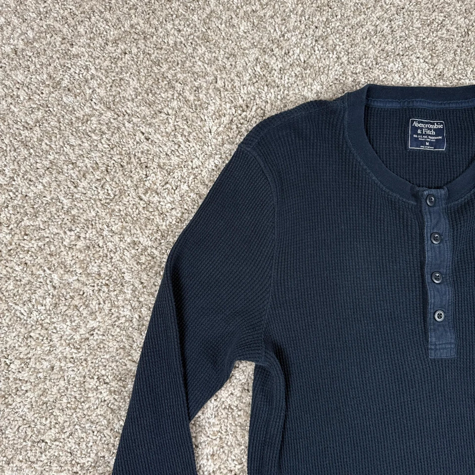 Camisa Abercrombie & Fitch Henley Para Hombre Manga Media Larga Azul Marino Waffle Térmica Y2K Foto 4 de 4
