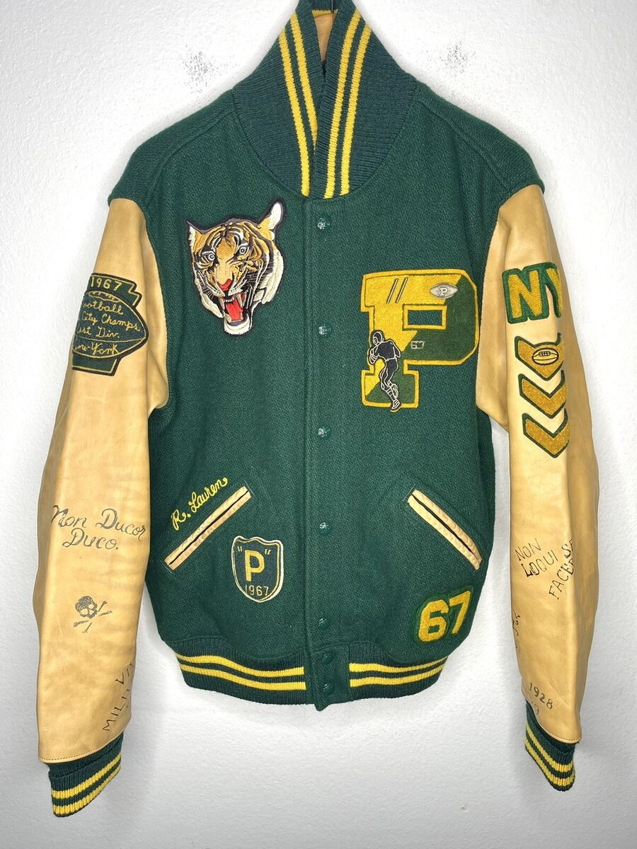 Polo Ralph Lauren Large Letterman Varsity Jacket Leather RRL Rugby Green  Tiger