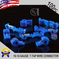 100 Pack T-Taps Blue 16-14 AWG Gauge Quick Slide Connectors Car Audio Alarm UL