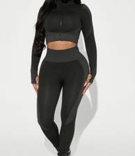 Women s Black Zip 2pc Cropped Jacket High Waist Legging Seamless Pull On Size M