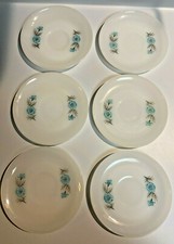 Set of 6  Vintage Fire King Saucers 6" Milk Glass Bonnie Blue Flowers Oven Ware