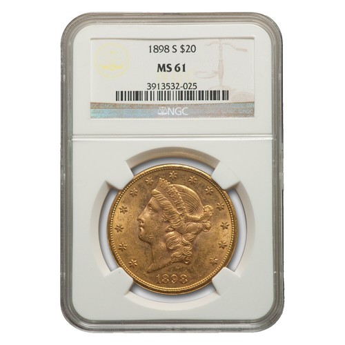 1898 S $20 Gold Double Eagle, NGC MS 61, Nice Yellow BU Luster