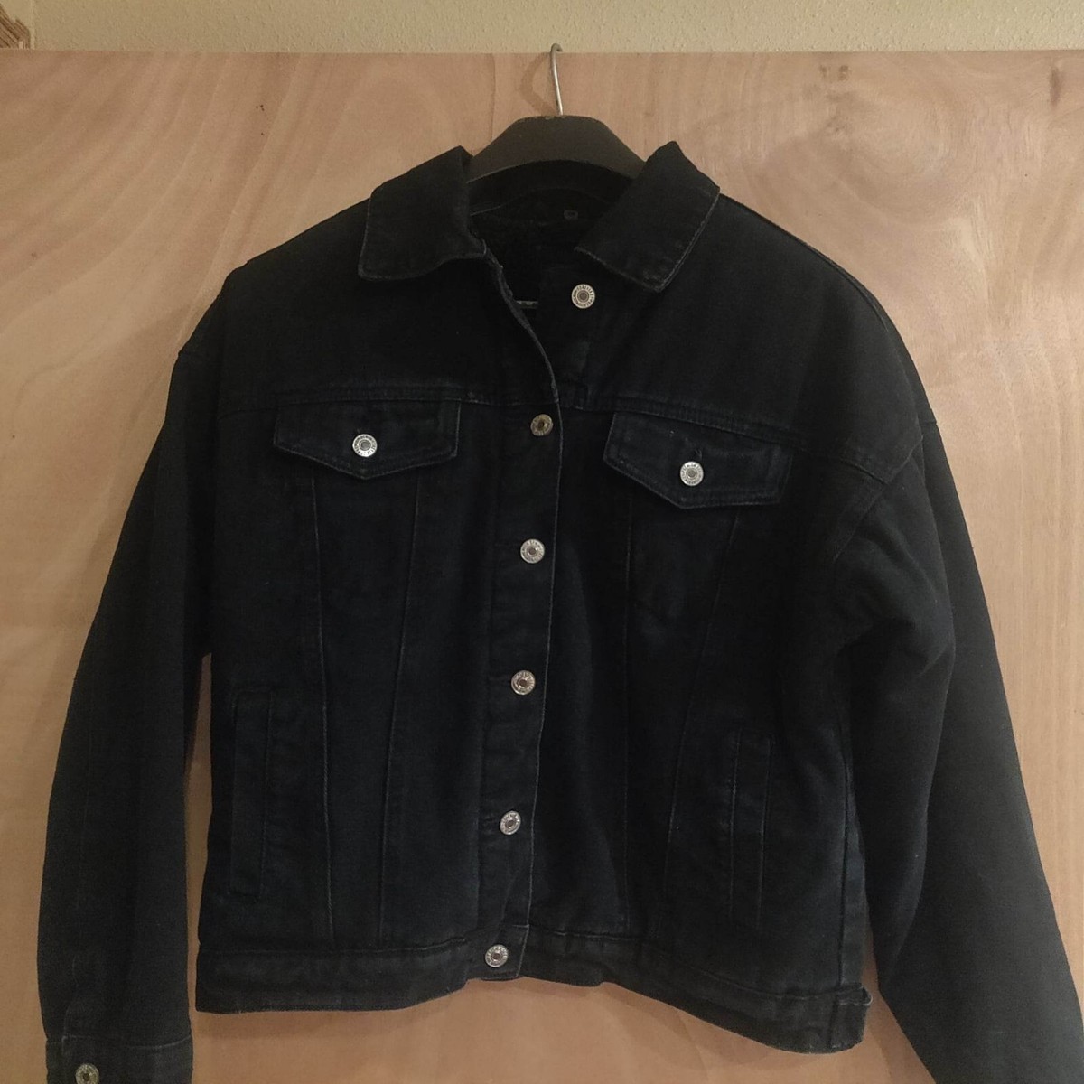 Forever 21 Black Denim Jean Jacket Coat Sherpa Lined Colar Womens