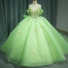 Green Shiny Quinceanera Dresses Ball Gown Flower Bow Tull Party Birthday Sweet16