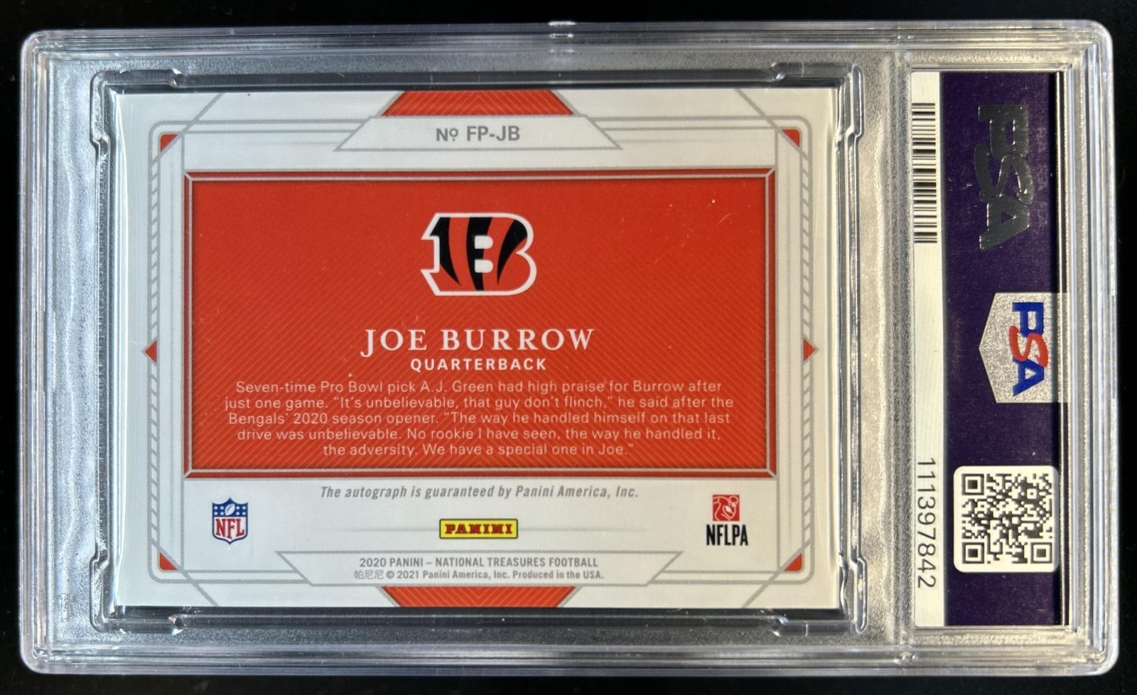 2020 Panini National Treasures Joe Burrow Rookie Field Pass RC Auto #/99 PSA 7 view 2