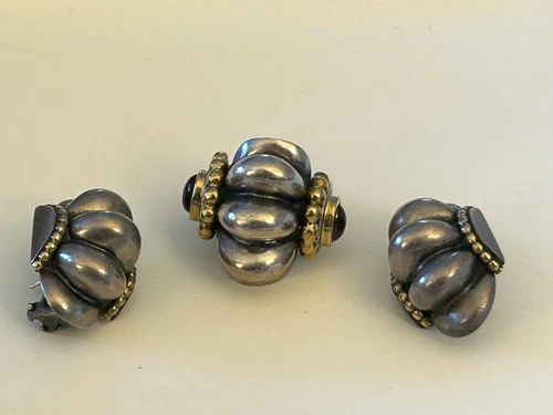 Vintage  Caviar & Shrimp Style Ring &  French Clip Earrings, Silver & Goldtone