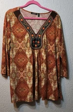 Notations Tunic Blouse Women's Plus Size 2X Brown Embroidered Boho Embellished*
