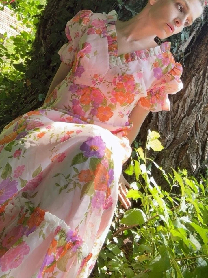 Maxi Vestido Largo Pradera Cottage Manga Abullonada Años 70 Estampado Floral Talla S M Foto 3 de 4