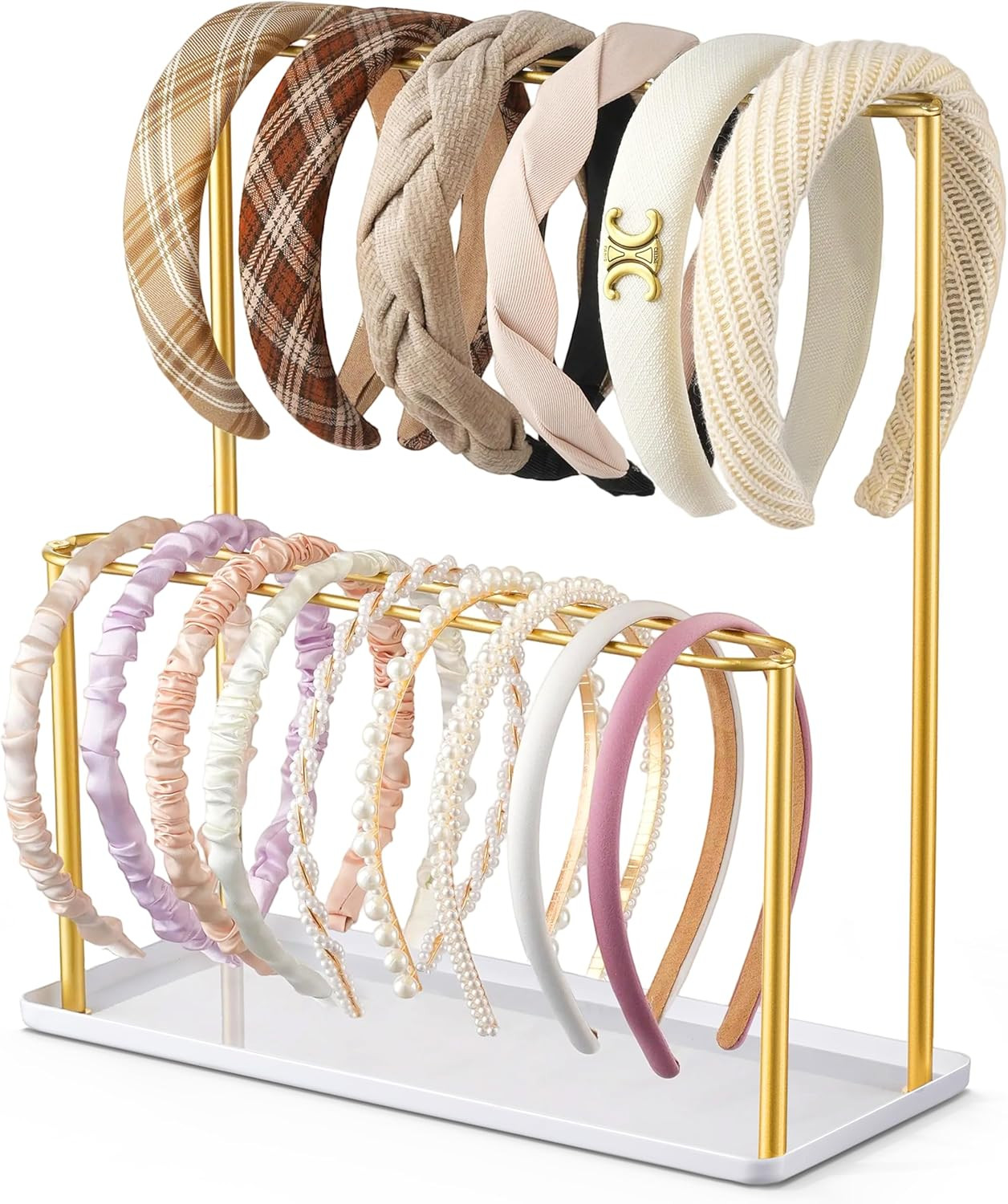 2 Tier Headband Holder Organizer With Tray Metal Hair Accessory Stand Gold