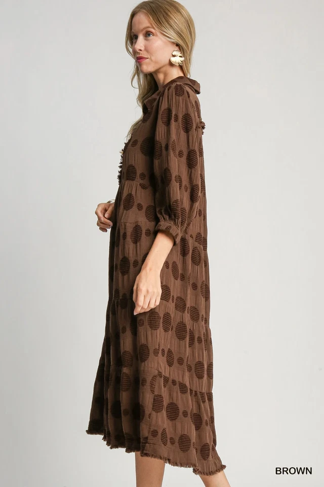 Umgee Brown Polka Dot Print Maxi Dress with V Neck and 3/4 Sleeves - Image 3 of 4