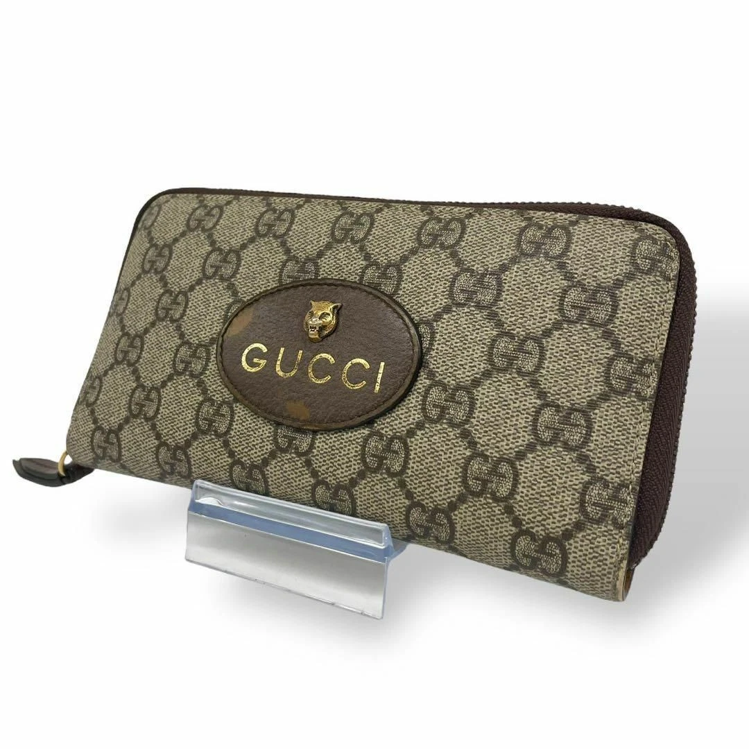 Gucci Portefeuille Long GG Supreme Métal Chat PVC Fermeture Éclair Ronde