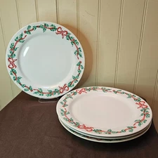 Set Of 4 Dinner Plates International Tableworks Christmas Ribbons 157 Stoneware