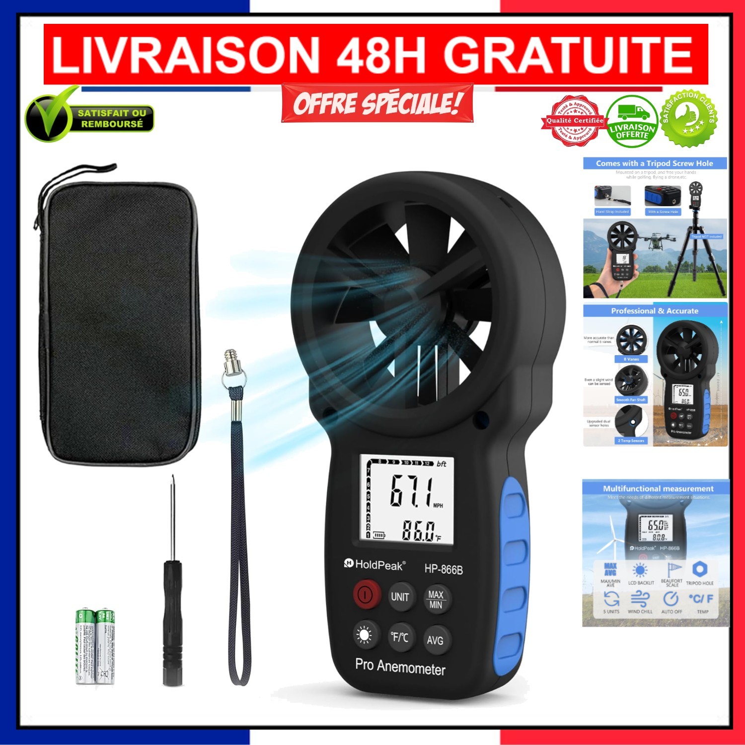 Anémomètre portable de randonnée et voile avec fixation trépied 1/4
