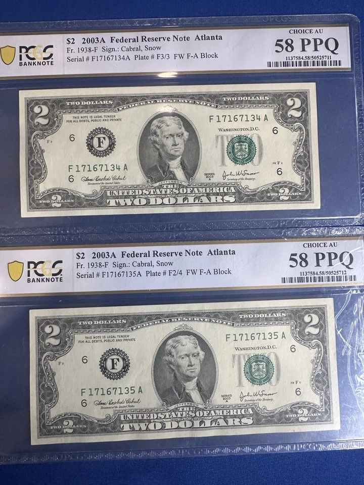 2 Consecutive $2 Notes PCGS 2003A - Image 2 of 4