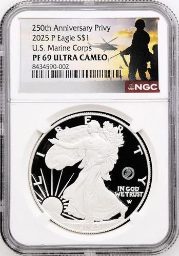 2025 P American Silver Eagle US Marine Corp 250th Privy NGC PF69 Military Label