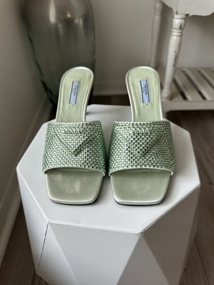 Prada Aqua Crystal Embellished Open-toe Satin Mules | eBay
