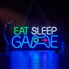 Game Room Decor EAT SLEEP GAME Dimmable LED Neon Sign Beer Bar Man Cave Bedro...