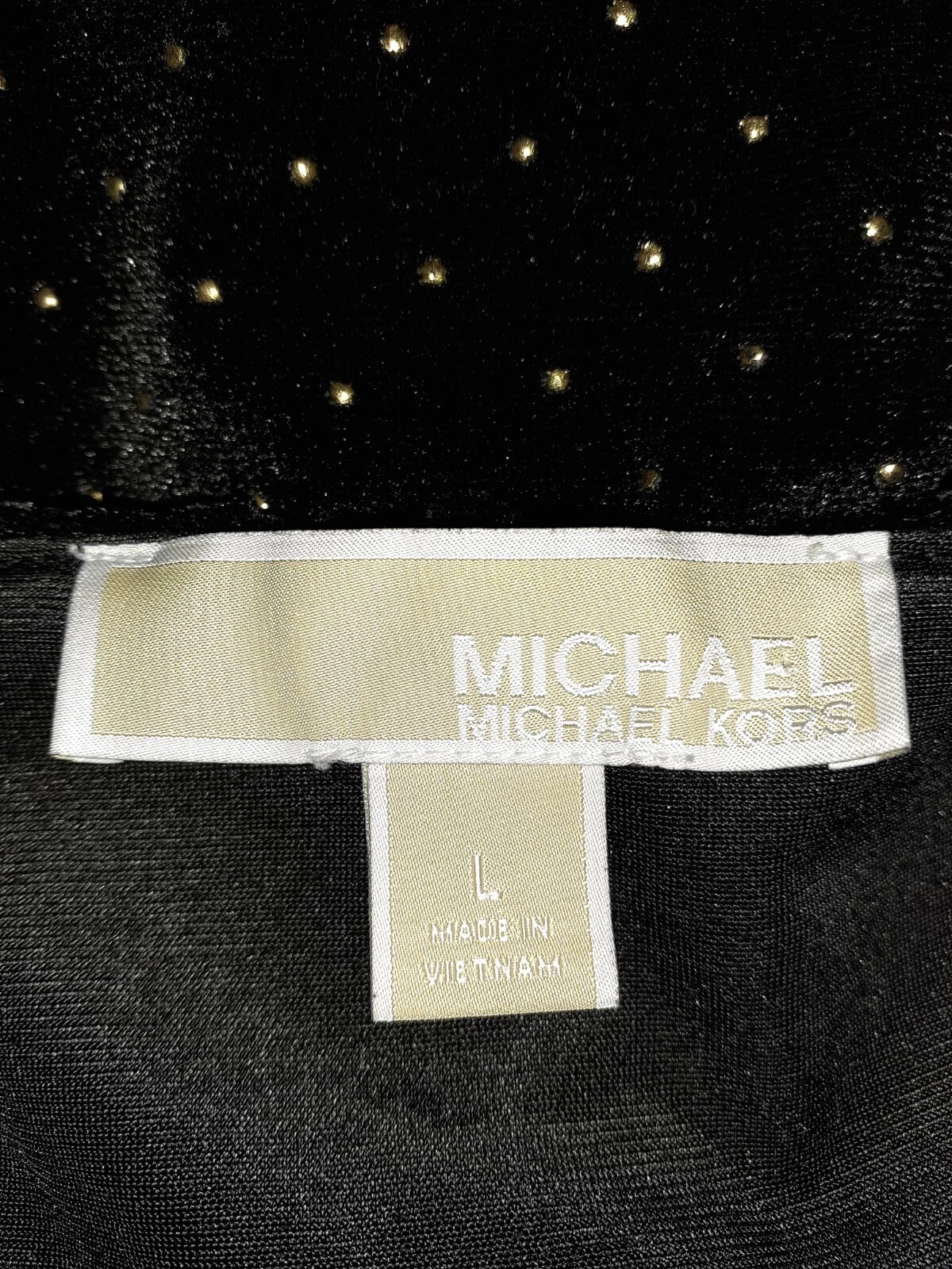 Abito Michael Kors taglia L linea A nero elasticizzato velluto oro lucido a maniche lunghe