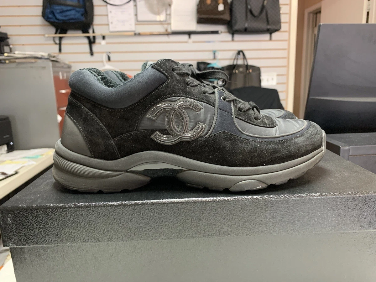 CHANEL Black CC Black Suede Low Top Trainer Sneakers Shoes Size