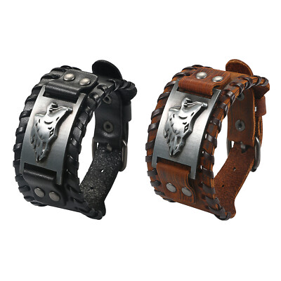 #ad Gothic Punk Rock Wide Wolf Head Bracelet Men#x27;s Leather Bangle Cuff Adjustable $10.99