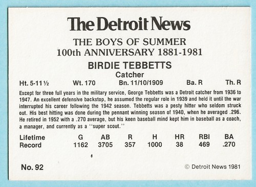 1981 "DETROIT NEWS" #92 BIRDIE TEBBETTS - DETROIT TIGERS - - Picture 2 of 2