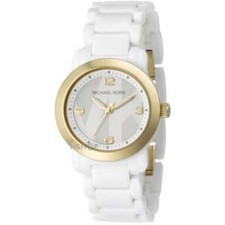 NEW-MICHAEL KORS GOLD TONE,MK LOGO DIAL,WHITE ACRYLIC BAND, WATCH-MK4233