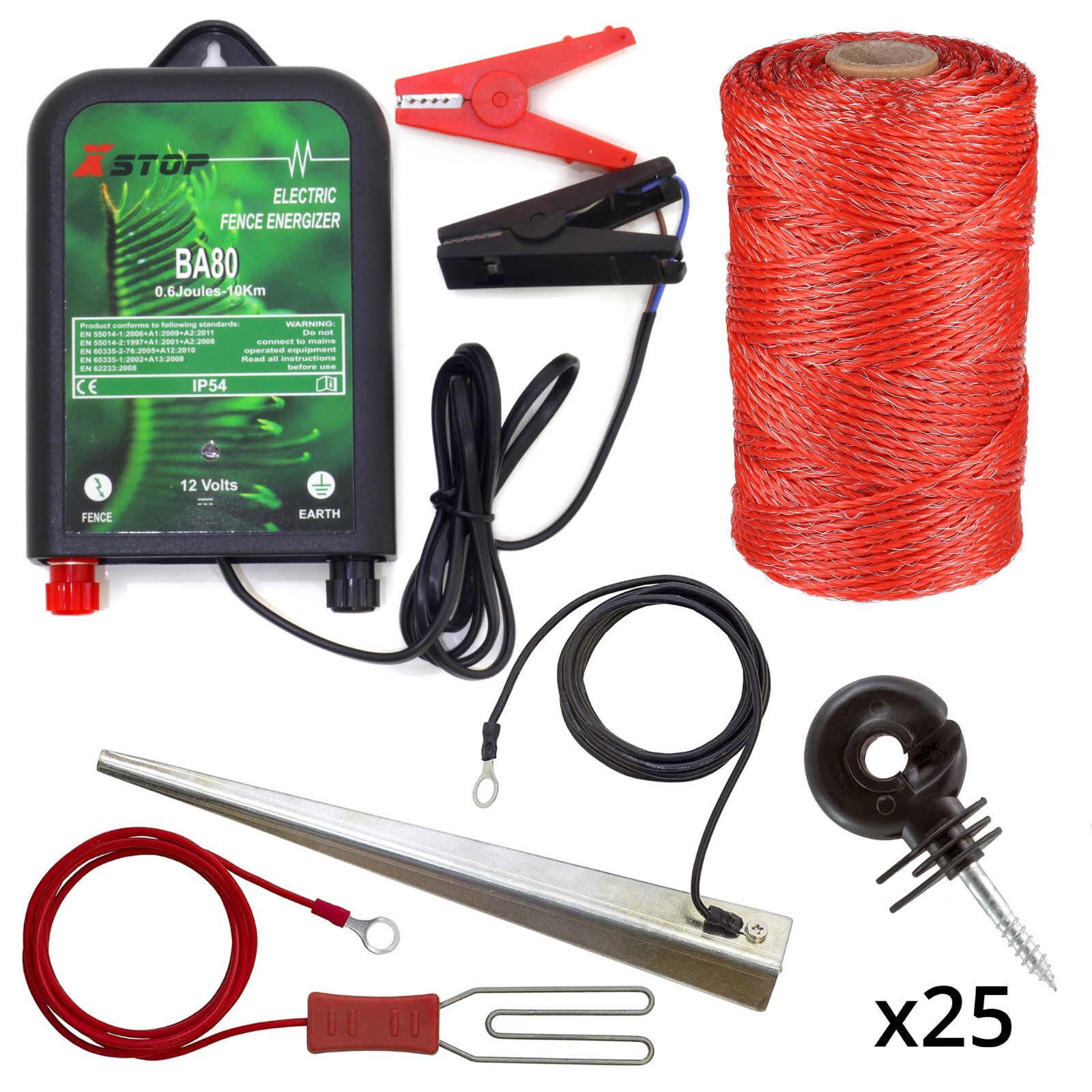 XStop Electric Fence Energiser 12v Battery Powered 0.6J 10km Wire Insulators Kit