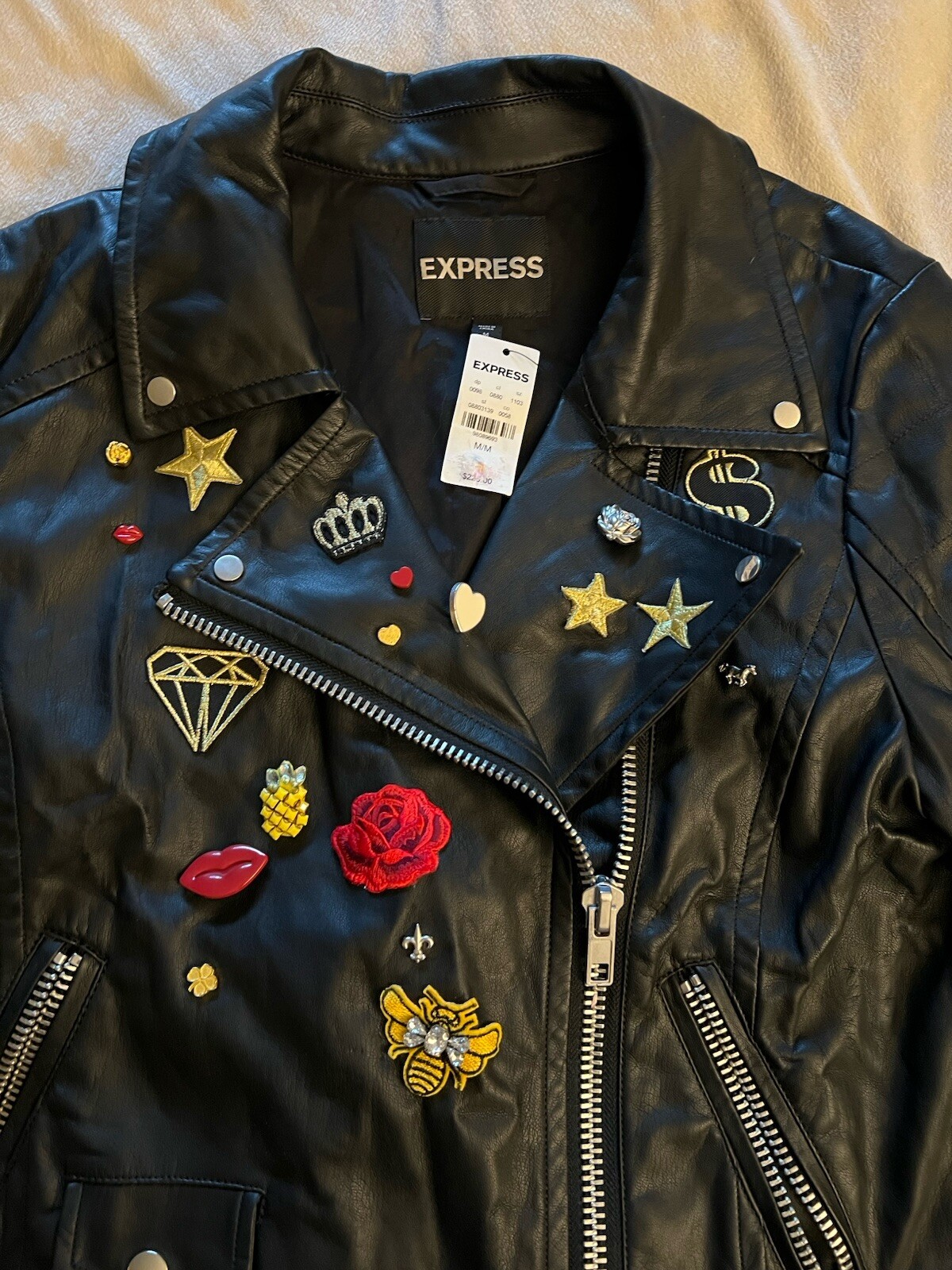 NWTGS Women's Express Faux Leather Biker Moto Jacket Small Black Y2K Patches image 7