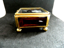 Beveled Etched Glass Brass Trinket Jewelry Box Hinged Lid 2.5" Footed Mirror B