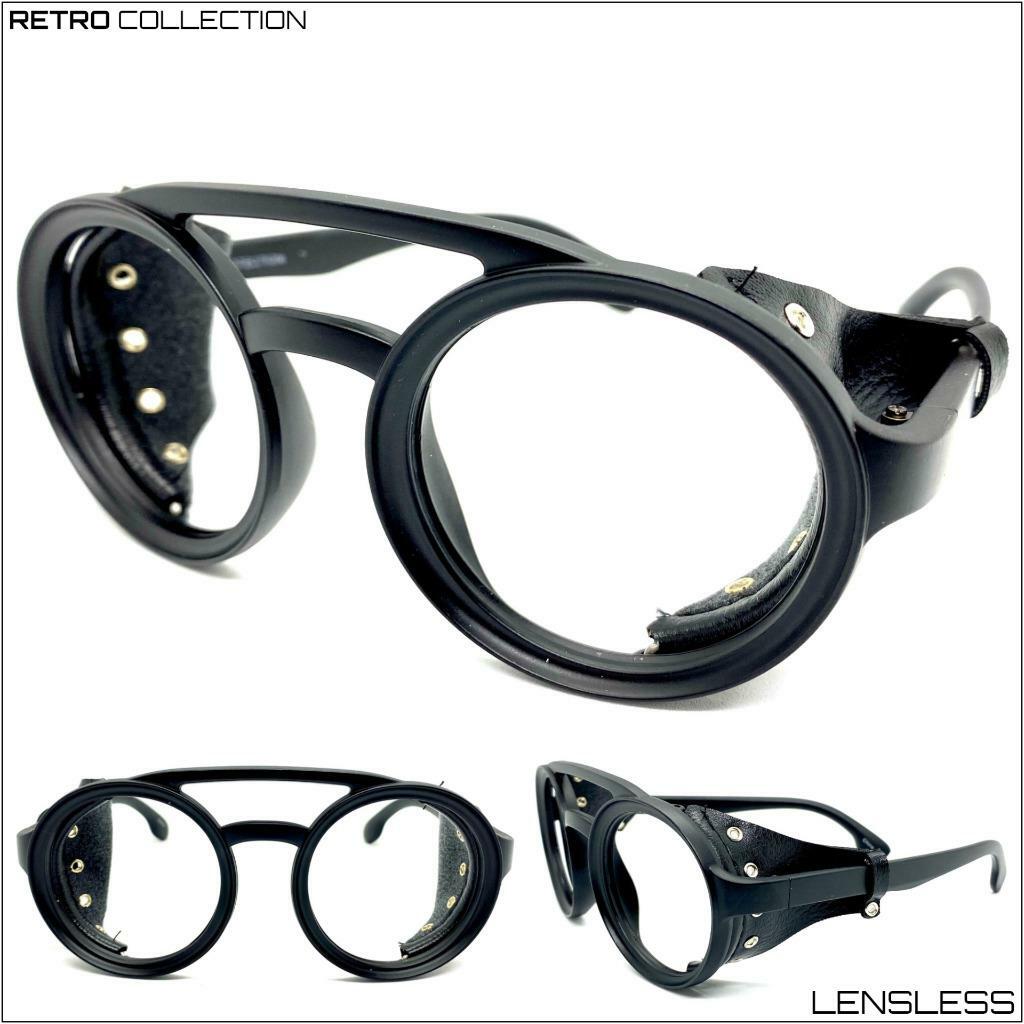 Steampunk Cyber Lensless Eye Glasses Round Leather Blinder Frame Only NO  Lens