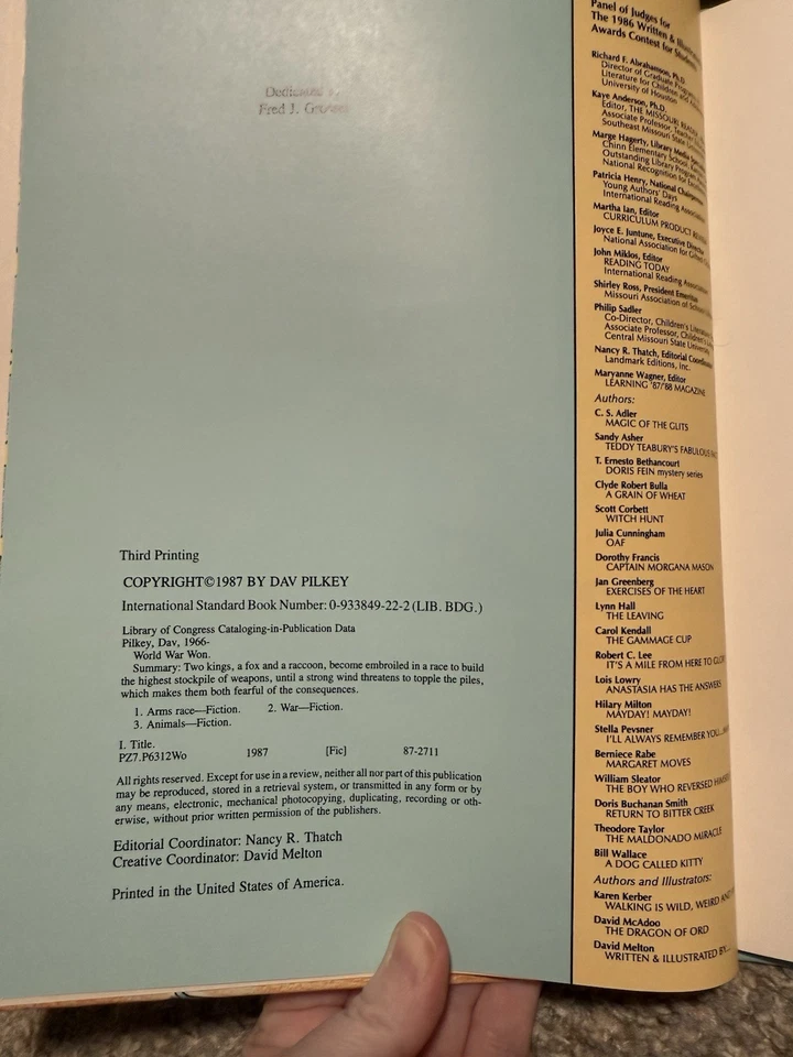 World War Won SIGNED w/ SKETCH by Dav Pilkey 1987 HB Excellent Condition EC Foto 3 de 4