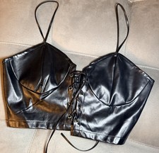 SHEIN Black Faux Leather Lace Up Corset Top Bustier Spaghetti Strap Size S