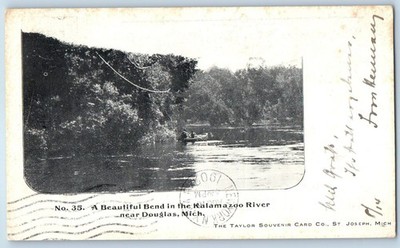c1902 Douglas Michigan MI Vintage Postcard Bend Kalamazoo River Sail Boat Posted
