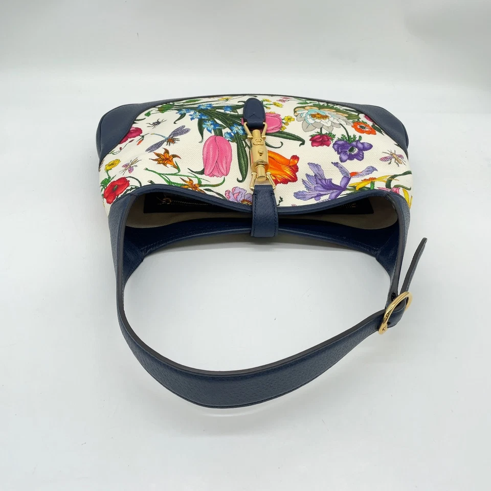 Auth Gucci Jackie Flora Canvas x Leather White x Navy One Shoulder Bag BL100011 - Image 4 of 4