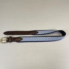 Vineyard Vines Ribbon Belt Kids Youth Size 24 Blue Whale Print Leather Brass USA